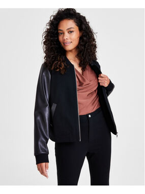Bar III Women's Petite Petite Faux Leather Sleeve Bomber Jacket NWT